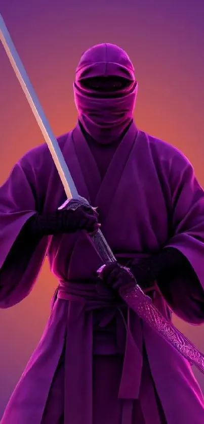 Ninja warrior with purple robe and sword in a vibrant gradient background.