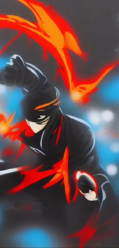 Vibrant ninja in graffiti style with bold red and blue accents.