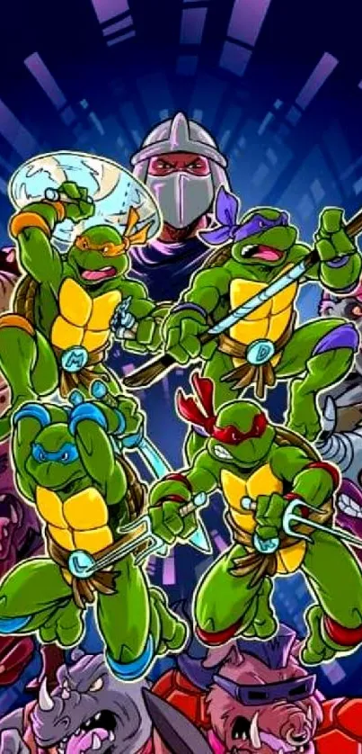 Ninja turtles in action-packed cartoon wallpaper.