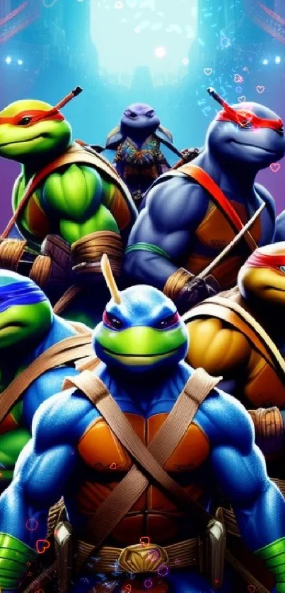 Ninja turtles ready in vibrant colors against a purple backdrop.