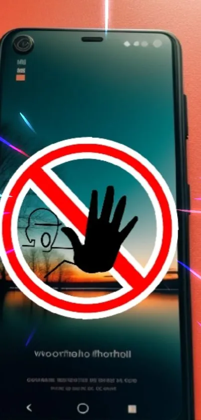 Colorful no entry symbol over smartphone wallpaper with red dominance.