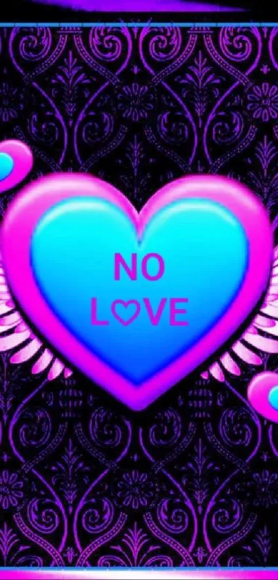 Vibrant heart wallpaper with 'No Love' text and angel wings in purple tones.