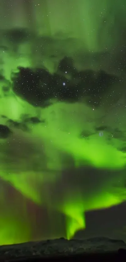 Stunning green Aurora Borealis illuminating the night sky with stars.