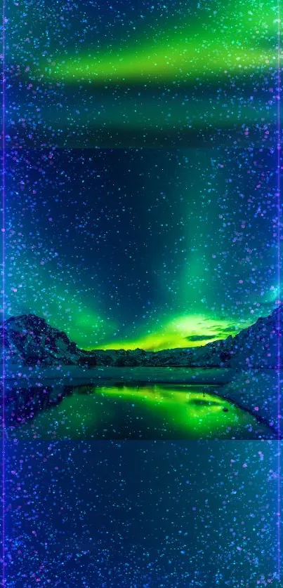 Vibrant Northern Lights reflecting over snowy mountains in a stunning mobile wallpaper.