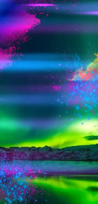 Neon green Northern Lights over snowy mountains with vibrant colors.