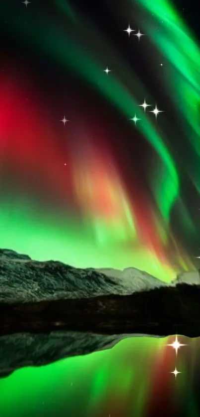 Vibrant green and red aurora borealis over a tranquil landscape.