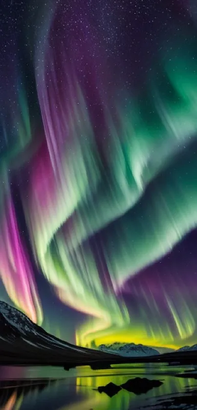 Vibrant aurora borealis with greens and purples over a dark mountainous landscape.