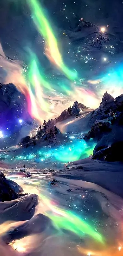 Fantasy landscape with aurora over snowy mountains