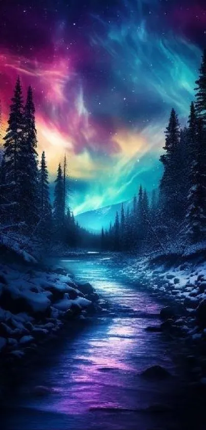 Vibrant Northern Lights above a forest stream at night.