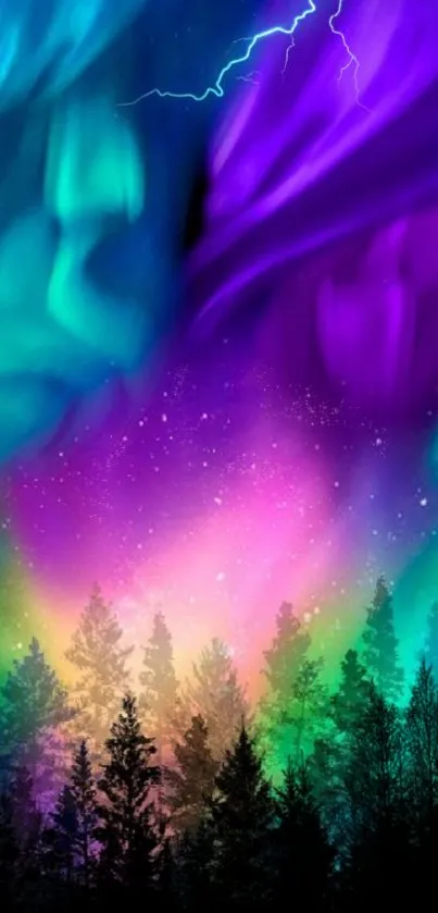 Vibrant Northern Lights over a pine forest silhouette.