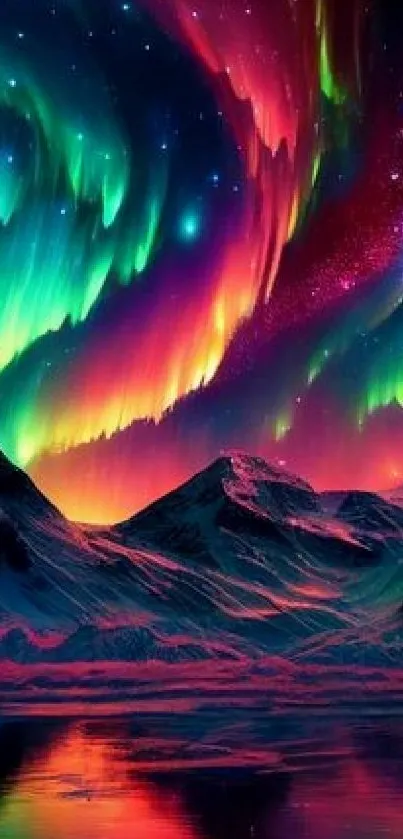 Vibrant Northern Lights over snowy mountains and a reflective lake.
