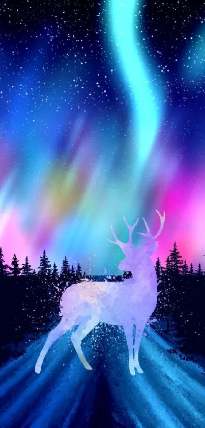 Silhouetted deer under vibrant Northern Lights in a starry sky.