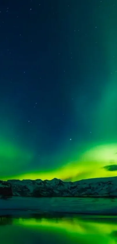 Vibrant Northern Lights over snowy landscape with starry night sky.