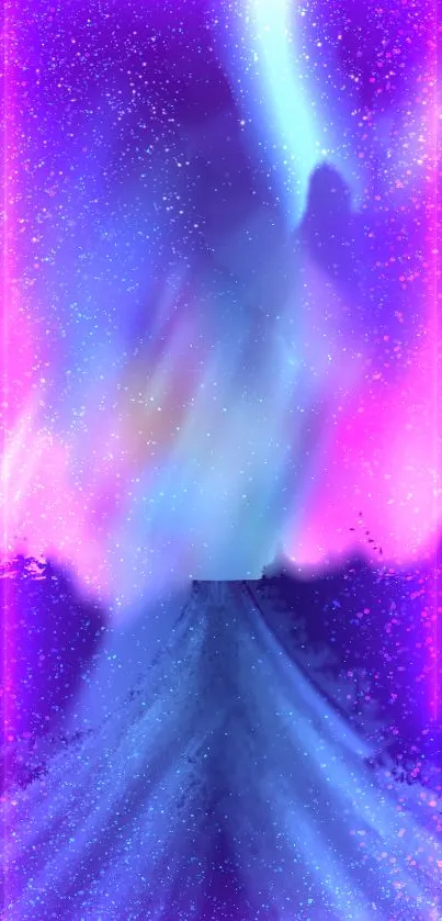 Vibrant northern lights in purple hues over a serene landscape, perfect for mobiles.