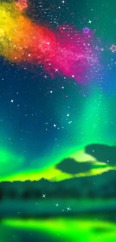 Vibrant Northern Lights with colorful stars and aurora in a cosmic night sky.