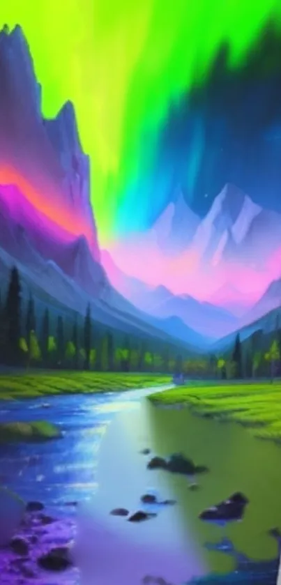 Vibrant aurora over mountain landscape in digital art wallpaper.