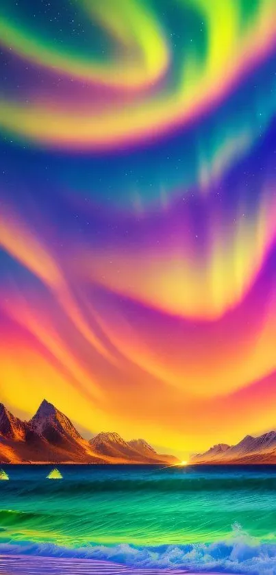 Vibrant aurora borealis over ocean with mountains and colorful sky.