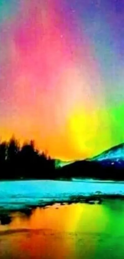 Colorful aurora borealis over snowy landscape with reflection.