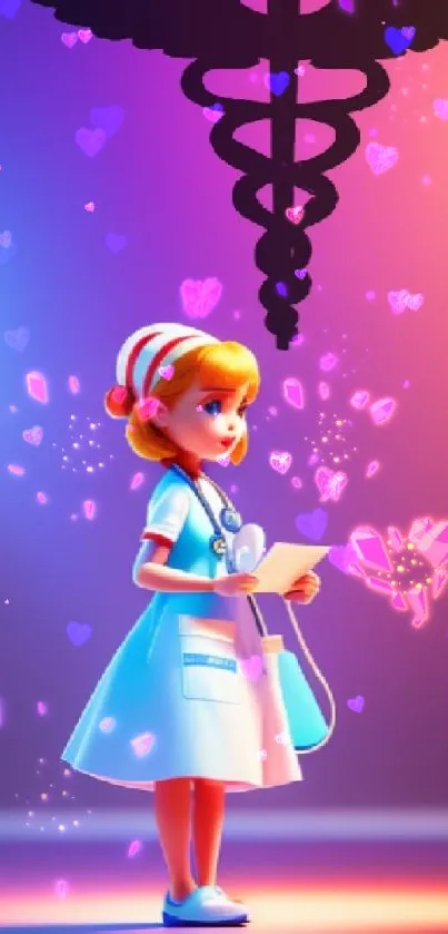 Cartoon nurse with caduceus in neon lights wallpaper.