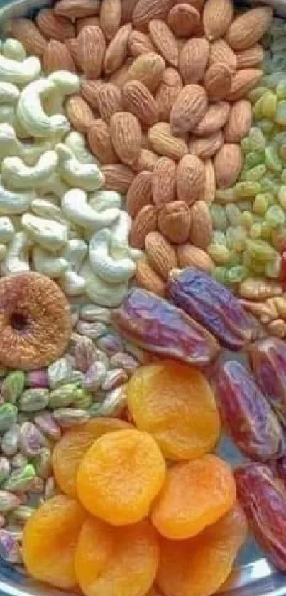 Colorful assortment of nuts and dried fruits on a plate.