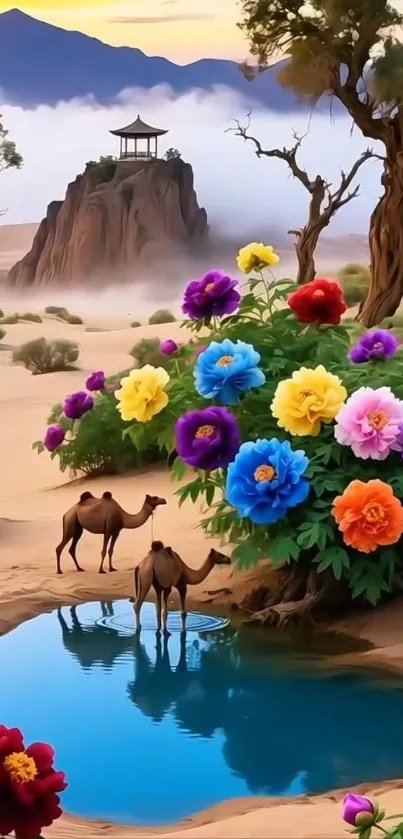 Vibrant fantasy oasis with colorful flowers and camels in a serene landscape.