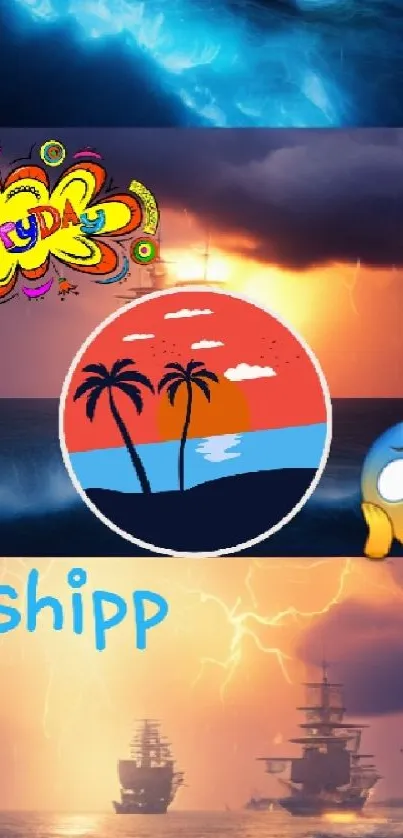 Colorful ocean adventure with ships, palm trees, and emojis.