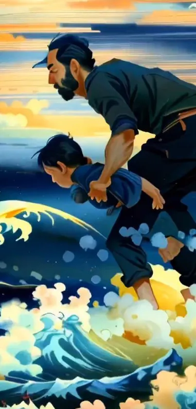 Artistic depiction of a father and son by the ocean with vibrant colors.