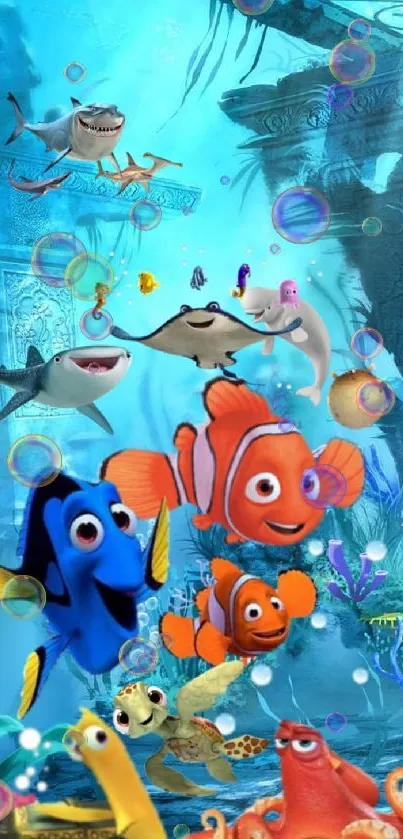Colorful animated fish swimming in an ocean scene wallpaper.