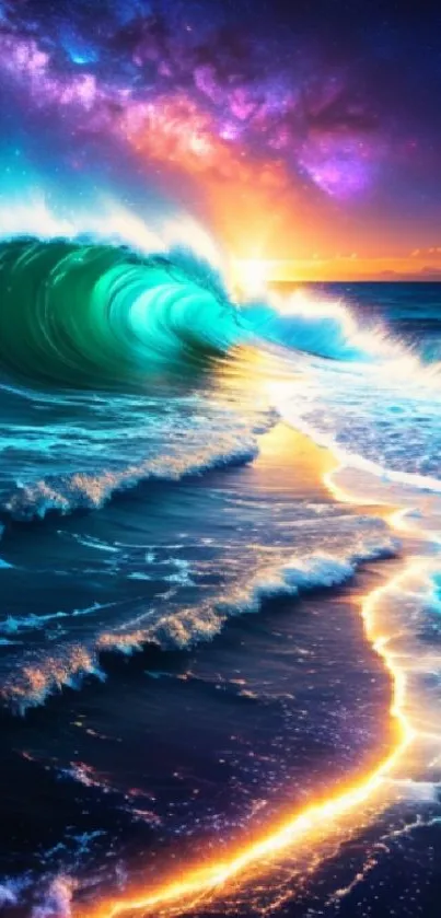 Vibrant ocean wave with a galaxy sky.