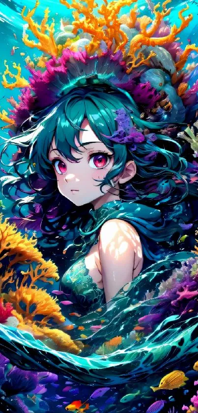 Anime character with vibrant corals and teal ocean background.