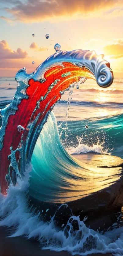 Artistic ocean wave at sunset with vibrant colors and dynamic design.