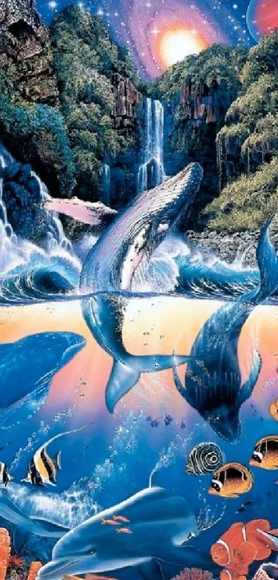 Vibrant ocean fantasy with whales and fish.