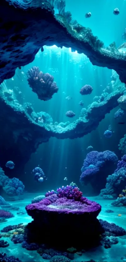 Vivid ocean cave with corals and turquoise water.
