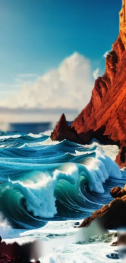 Vibrant blue waves crash against a red cliff.