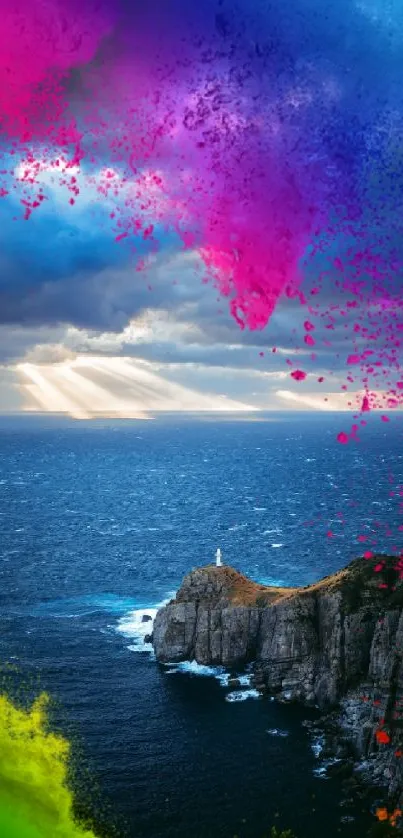 Vibrant ocean cliff wallpaper with colorful paint splash effects.