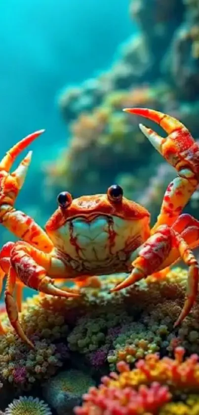 Vibrant crab on colorful coral reef background.