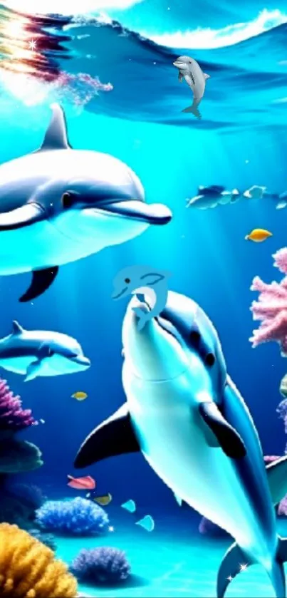 Dolphins swim in a vibrant coral reef.