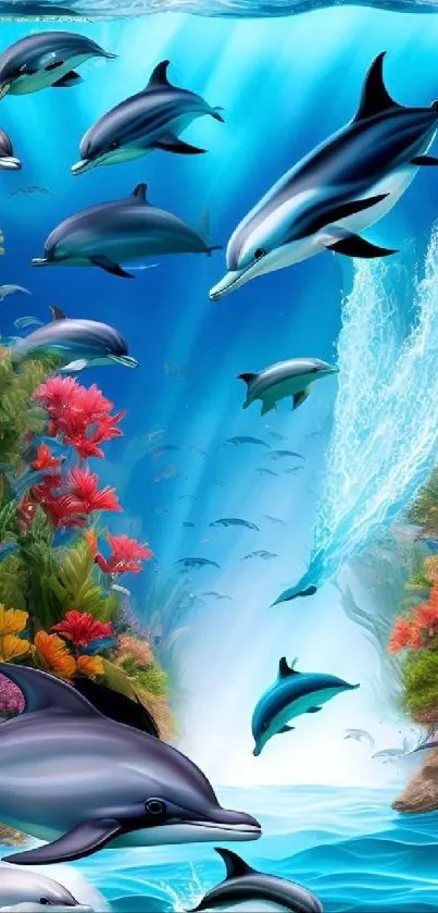 Playful dolphins swim in a vibrant coral reef scene with colorful marine life.