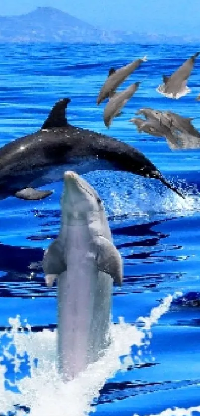 Dolphins leap in a vivid blue ocean with clear skies.