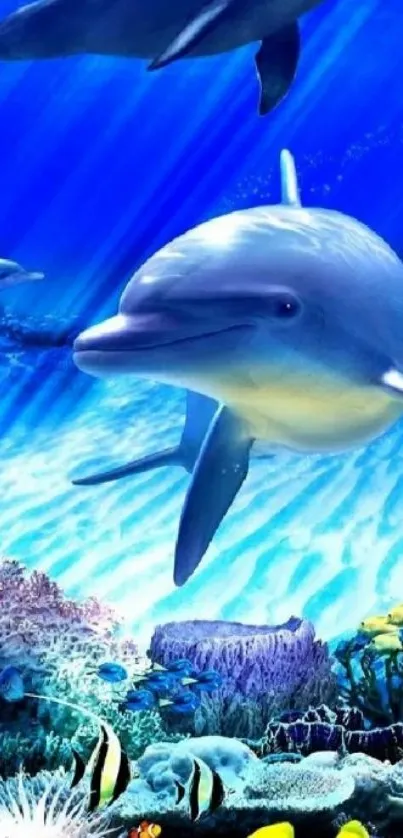 Playful dolphins swimming in a vibrant ocean scene with coral reefs.