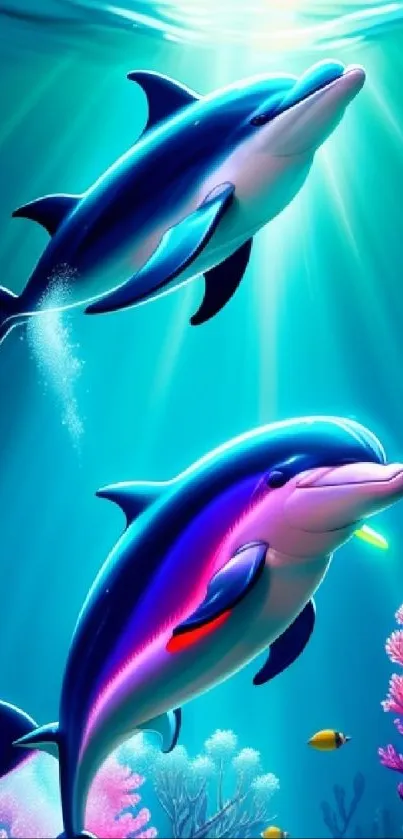 Vibrant ocean scene with two dolphins swimming surrounded by colorful coral and ocean light.