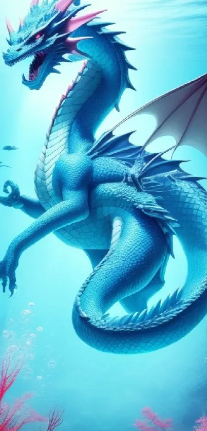 Vibrant dragon swimming underwater in a fantasy ocean scene.