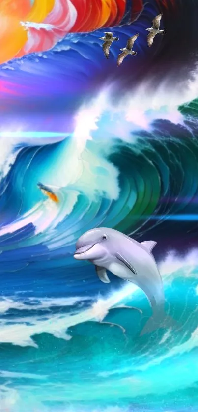 Vibrant ocean waves with dolphins jumping.