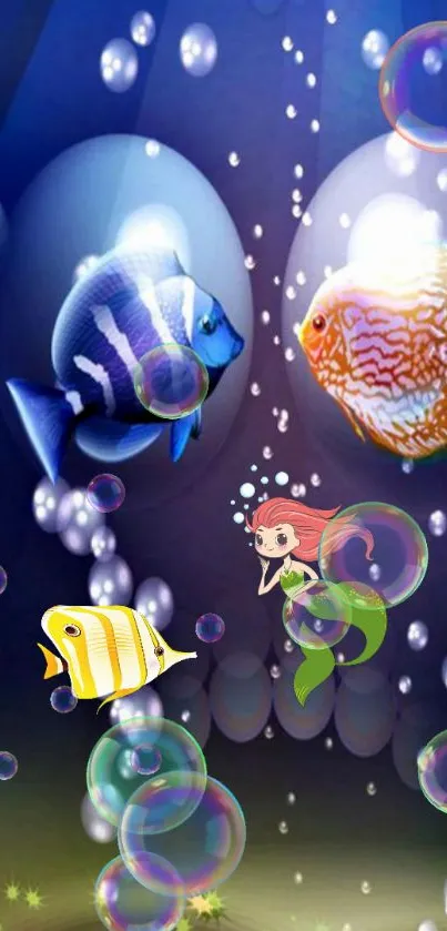 Colorful fish and mermaid with bubbles on an ocean fantasy wallpaper.