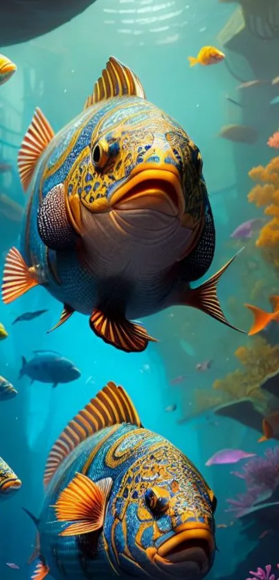 Colorful fish swim vividly in a vibrant ocean scene.