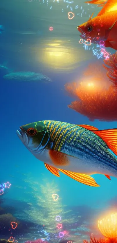 Vibrant underwater scene with colorful fish and corals.