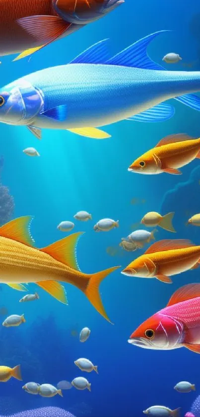 Vibrant ocean scene with colorful fish swimming through a lively coral reef.