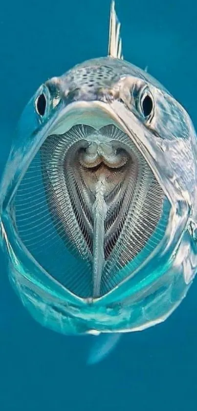 Close-up of a fish swimming in vibrant blue ocean water.