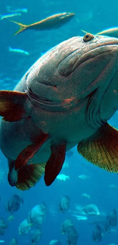 Underwater scene featuring a large fish swimming in the ocean.