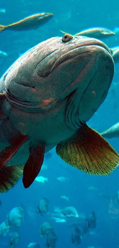 Underwater view of a large fish with smaller fish swimming around.